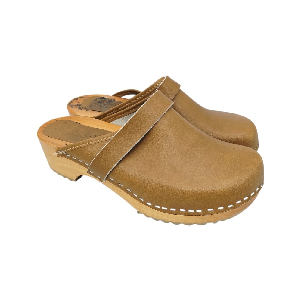 Bjork Tuva Clogs Women's 8.5-9 (39)‎ Wood Open Back Grip Caramel Veg Tan Leather